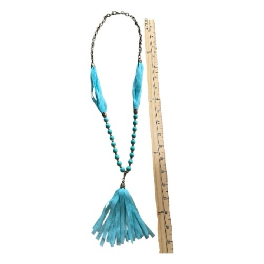 Long Gold Tone Turquoise Blue Tassel Necklace Boho Chic Statement Jewelry Gift